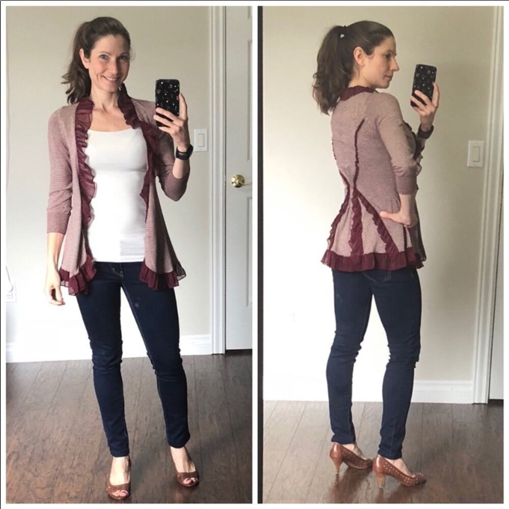 Anthro Guinevere Burgundy Striped Ruffle Cardigan
